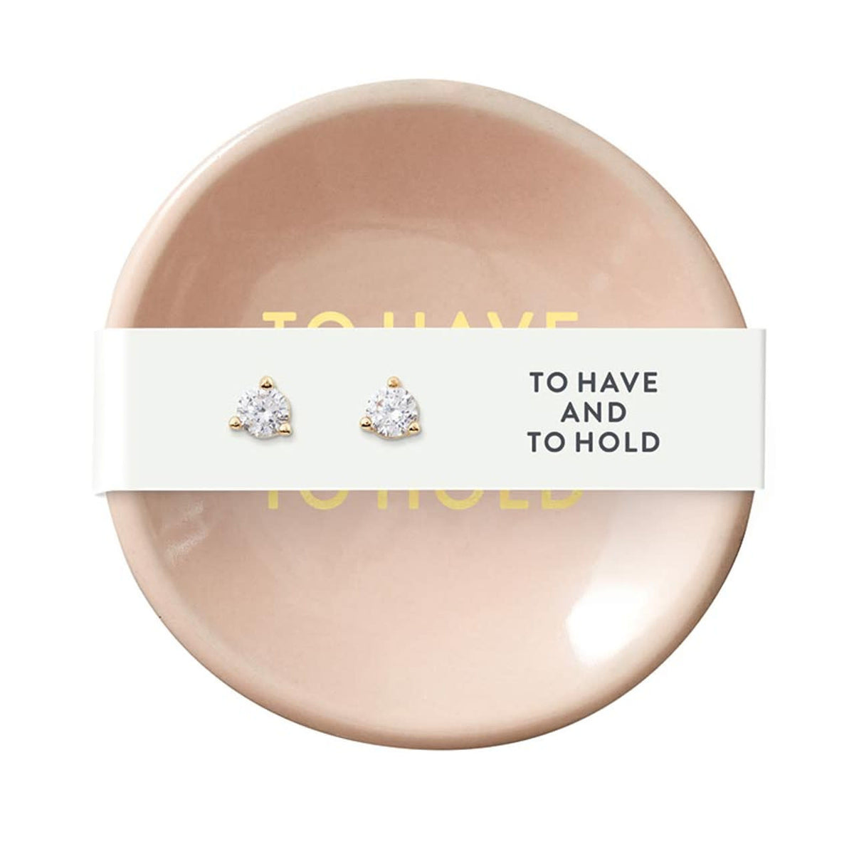 Ceramic ring dish in white with zinc alloy earrings displayed inside.