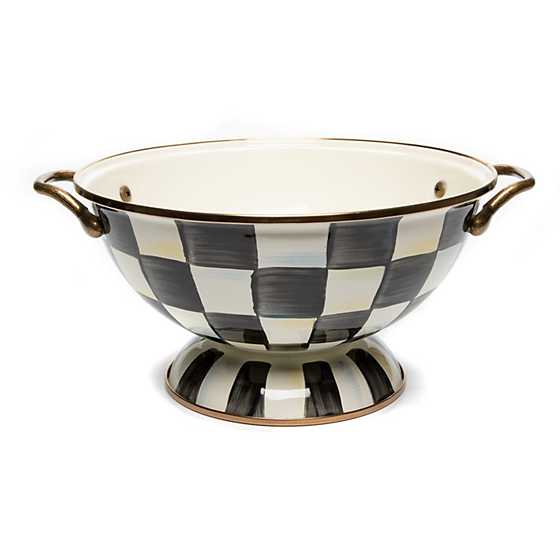 Courtly Check Enamel Almost Everything Bowl with hand-painted black and white checks and brass handles