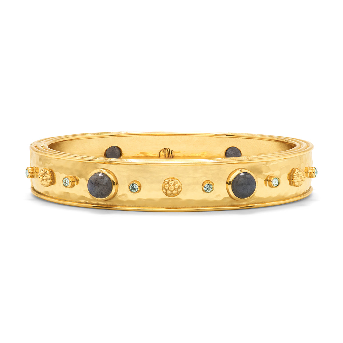 Gold-plated brass hinged bangle featuring blue labradorite and black agate stones.