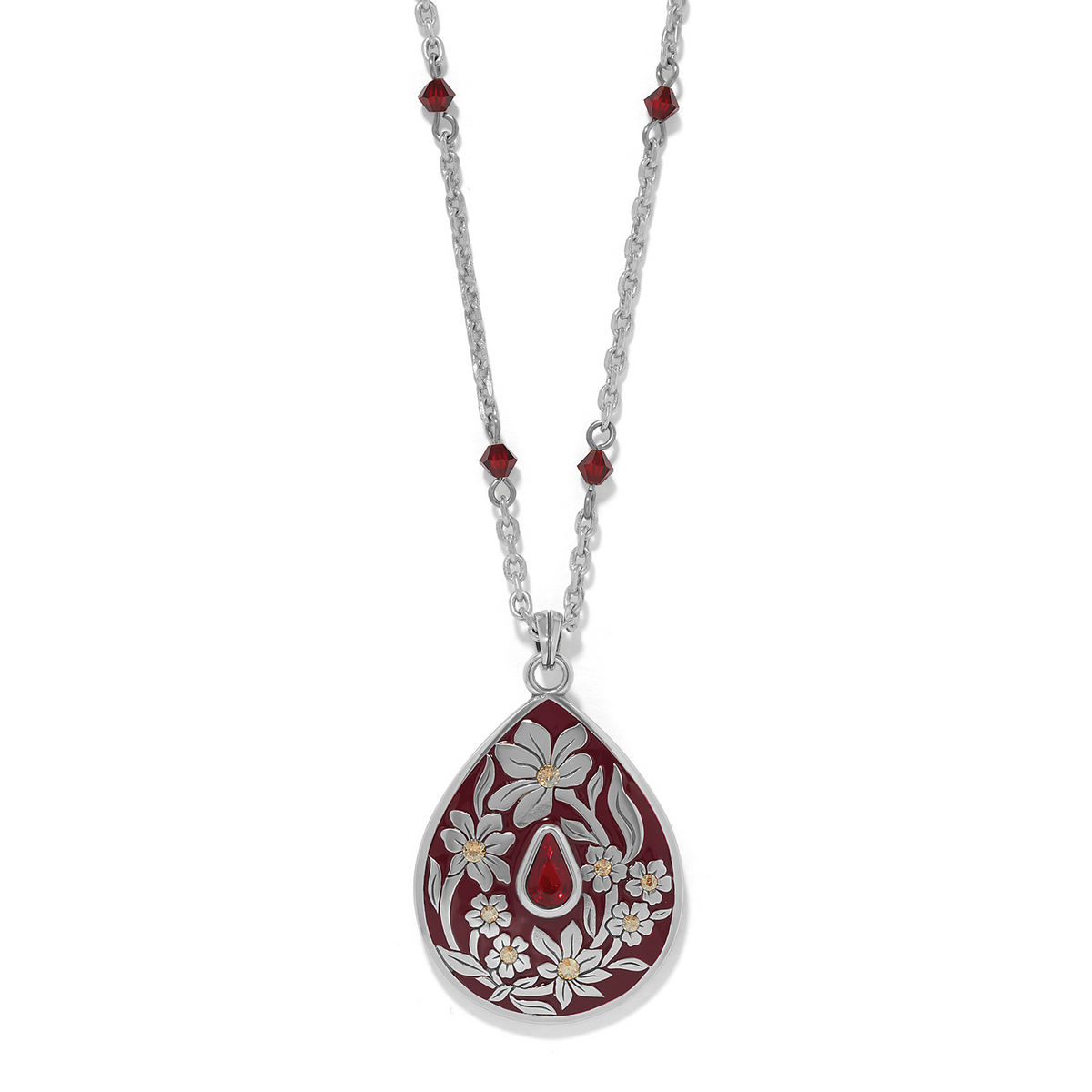 Everbloom Flora Necklace with a teardrop pendant featuring silver flowers on a red enamel background