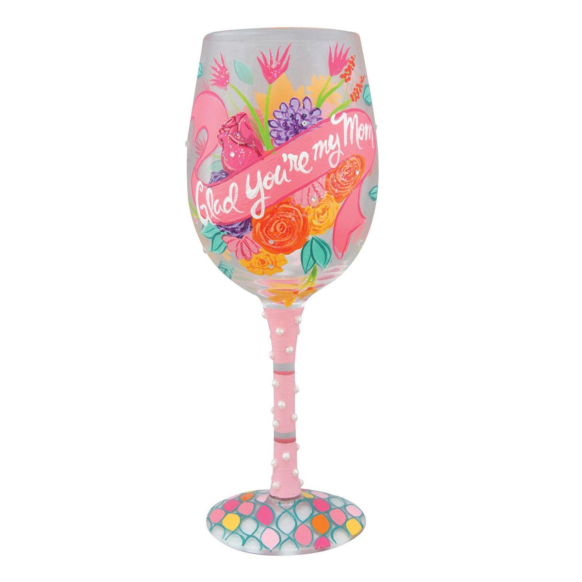Colorful blown glass wine glass with hand-painted designs, glitter accents, and a cocktail recipe printed on the base.