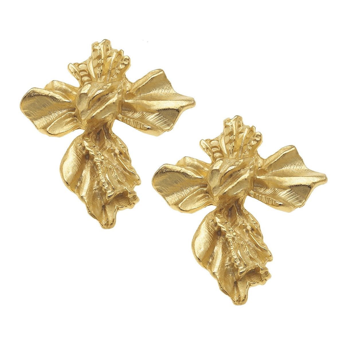 Pair of vintage French cross earrings in textured 24k gold plating with a floral-inspired design.