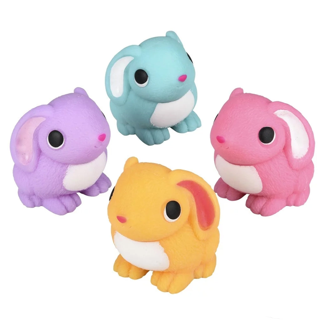 Squishy Easter bunny toy in pastel pink with stretchable fabric texture