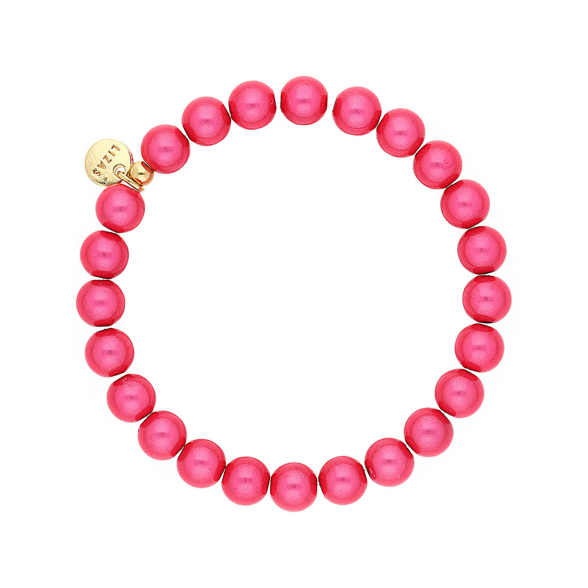 Lizas Essentials Roundville stretch bracelet with pink Czech crystal beads and a gold logo charm.