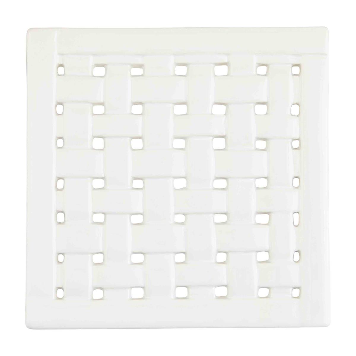 Square dolomite trivet with basketweave texture in natural stone color.