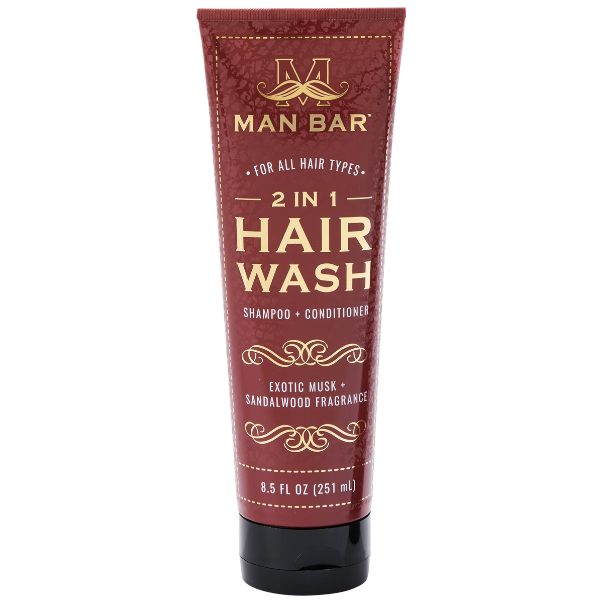 Man Bar 2 in 1 Hair Wash tube in Exotic Musk and Sandalwood fragrance, 8.5 fl oz.