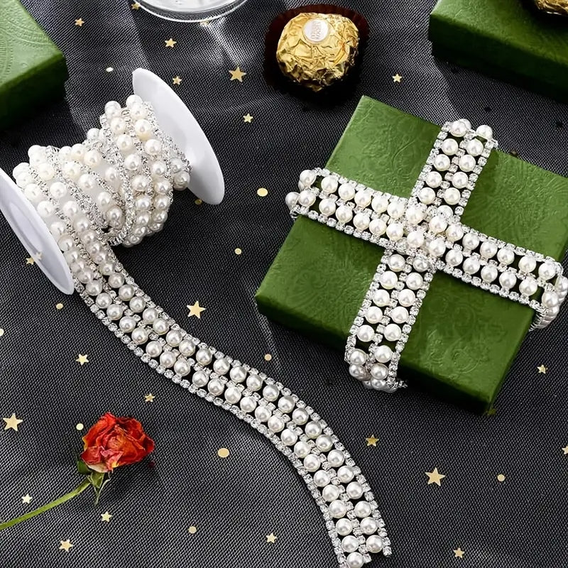 White pearl beaded trim with crystal rhinestones applique chain