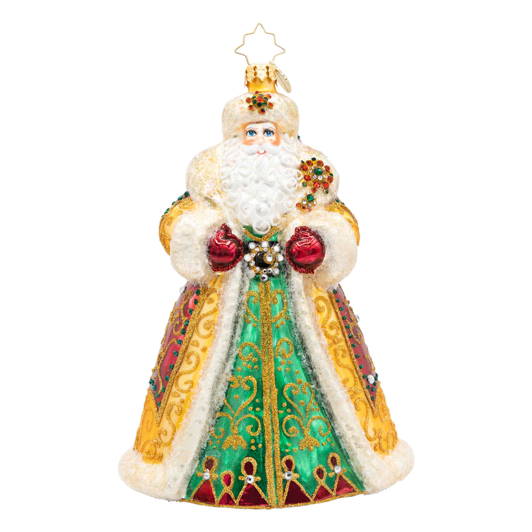 Crown Of Christmas Santa ornament in a green and crimson robe with golden filigree and jewels.