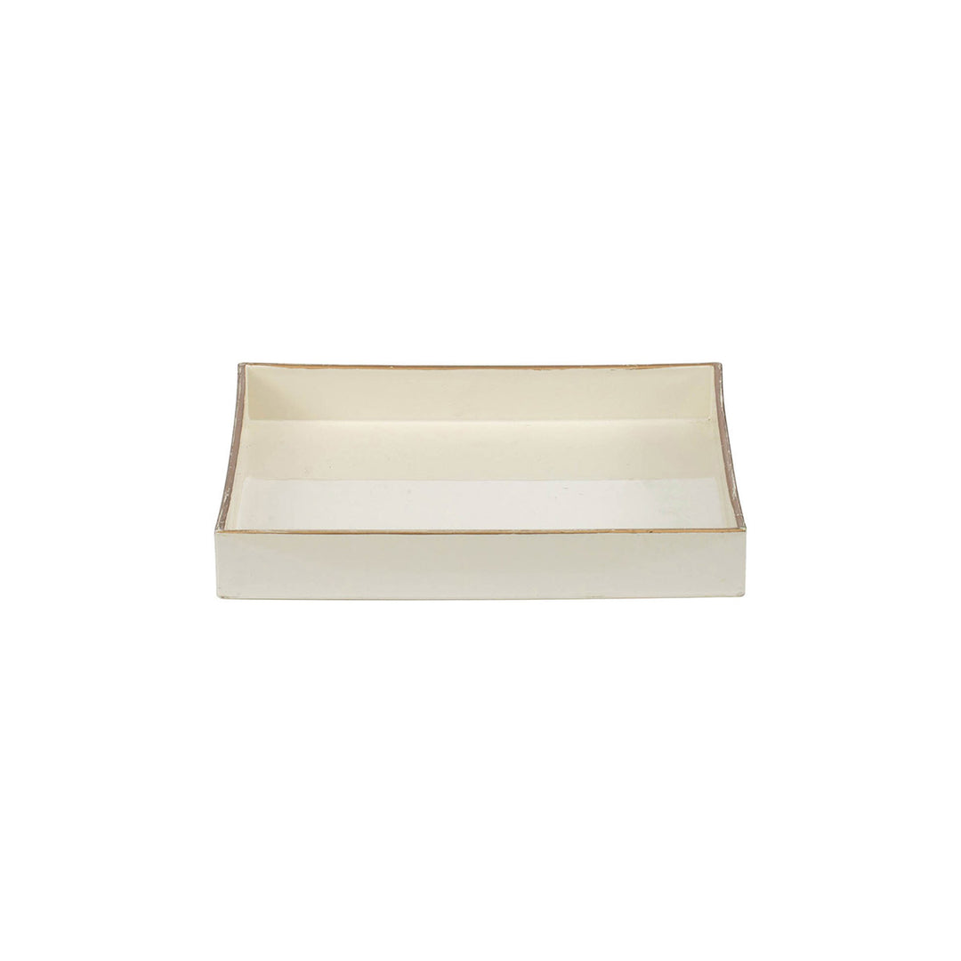 White square plastic serving tray measuring 8.7 inches per side with a low rim.