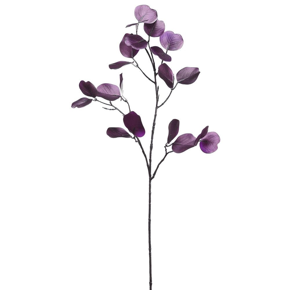 33-inch metallic purple eucalyptus leaf spray with polyester and plastic foliage on a wire stem.