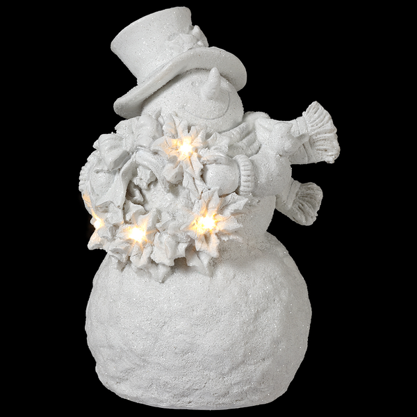White polyresin snowman figurine holding a wreath with built-in light