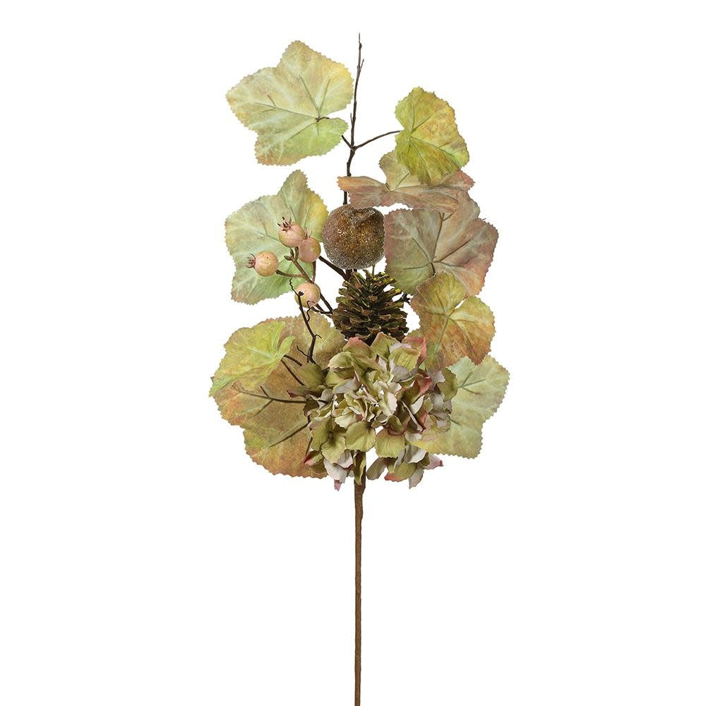 28-inch decorative floral spray with green hydrangea, beaded pomegranates, and pinecone accents.