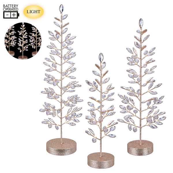 Battery-operated clear champagne tree with glittered rhinestone accents on metal branches.