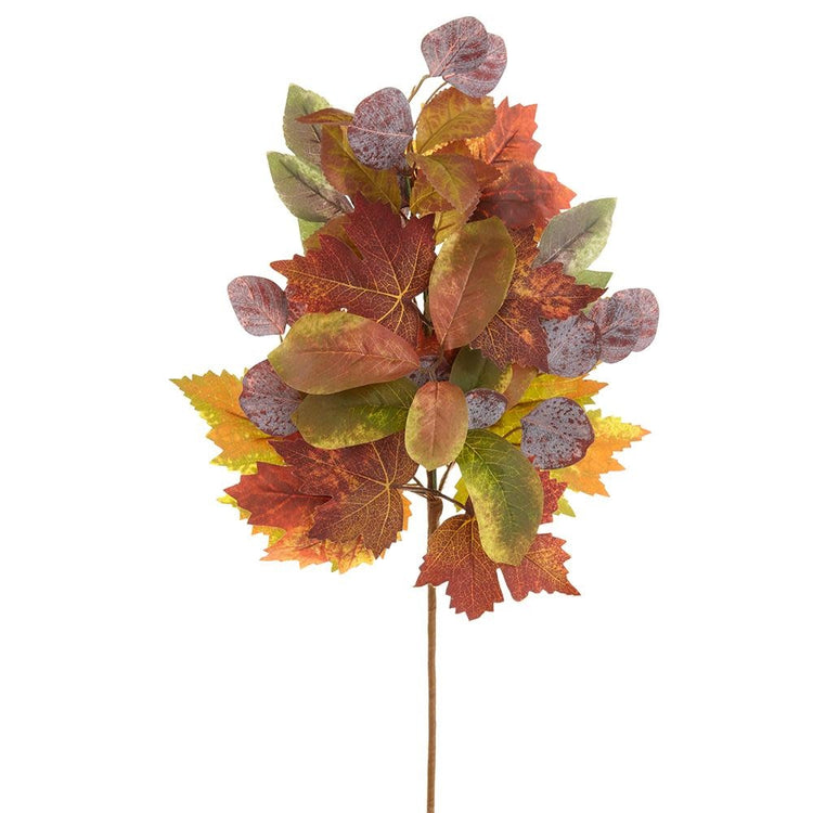 Twenty-four inch iron wire spray with maple and eucalyptus leaf fabric accents in autumn colors.