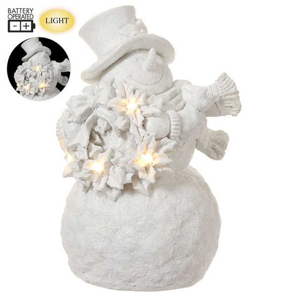 White polyresin snowman holding a wreath with battery-operated light