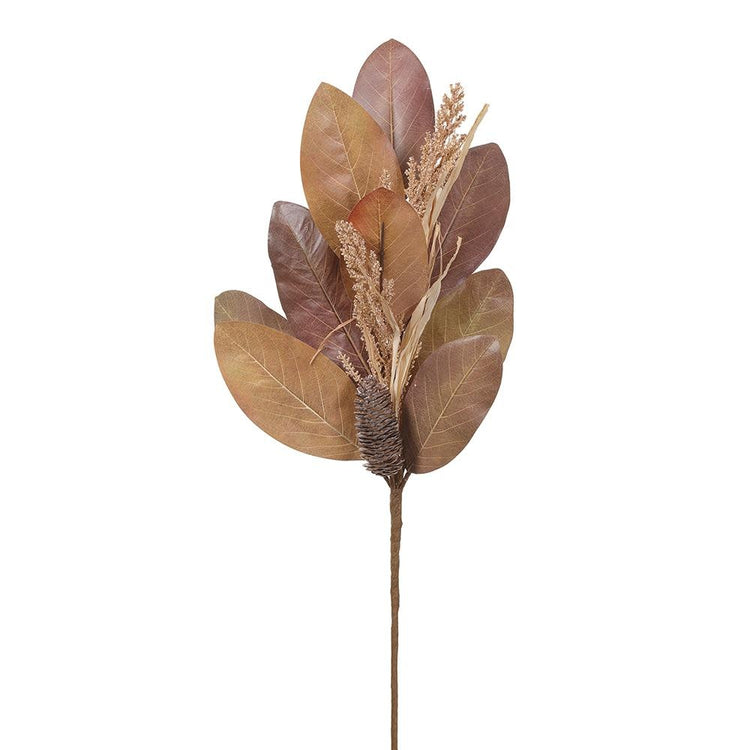 28-inch artificial magnolia leaf spray with pine cones and pods in tan and brown tones.