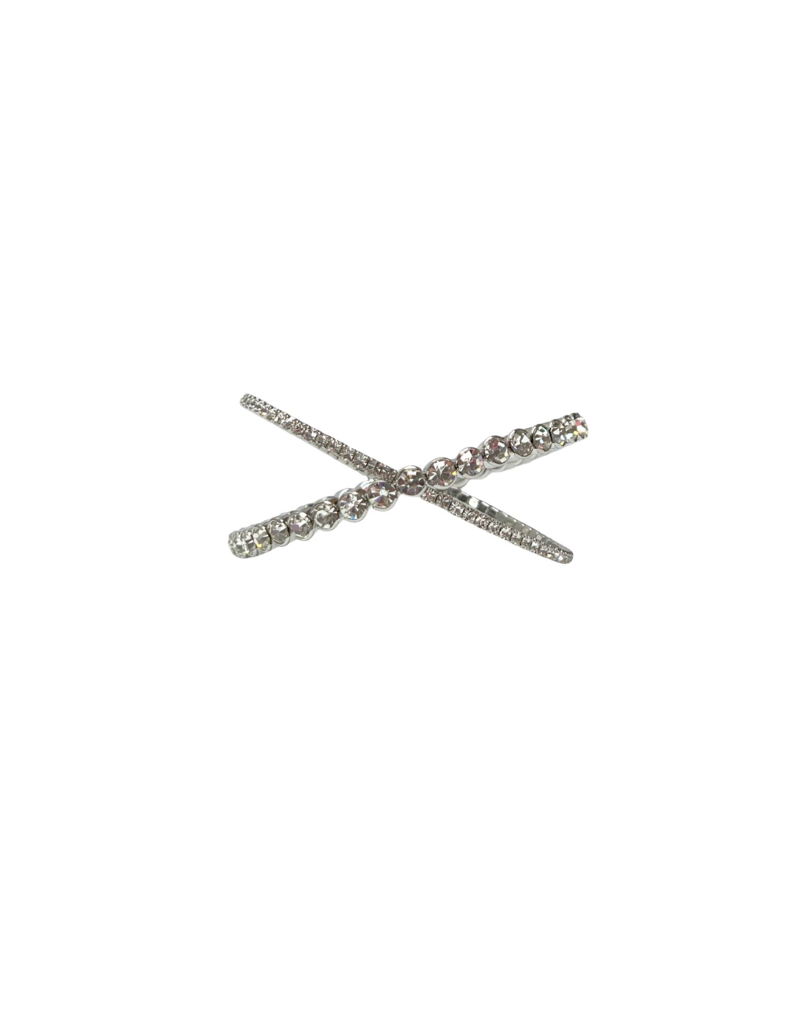 Silver criss-cross cuff earring featuring two intersecting bands of sparkling clear crystals.