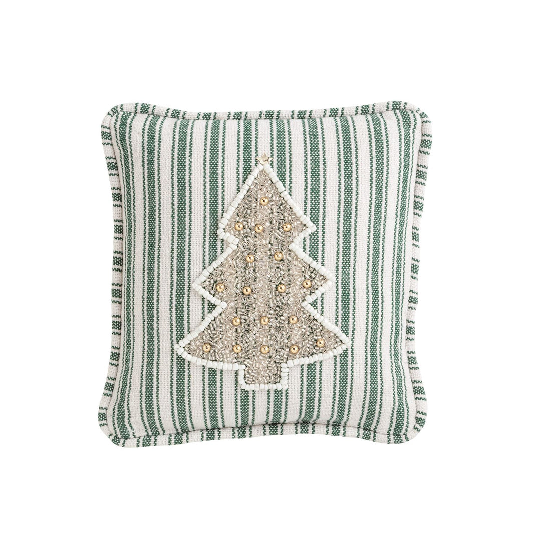 Mini woven stripe pillow with a beaded Christmas tree appliqué and gold accents.