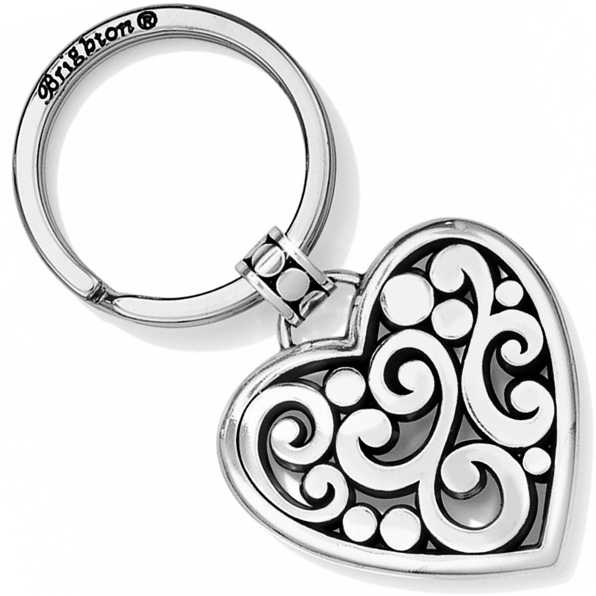 Silver plated heart-shaped Contempo key fob with a polished finish.
