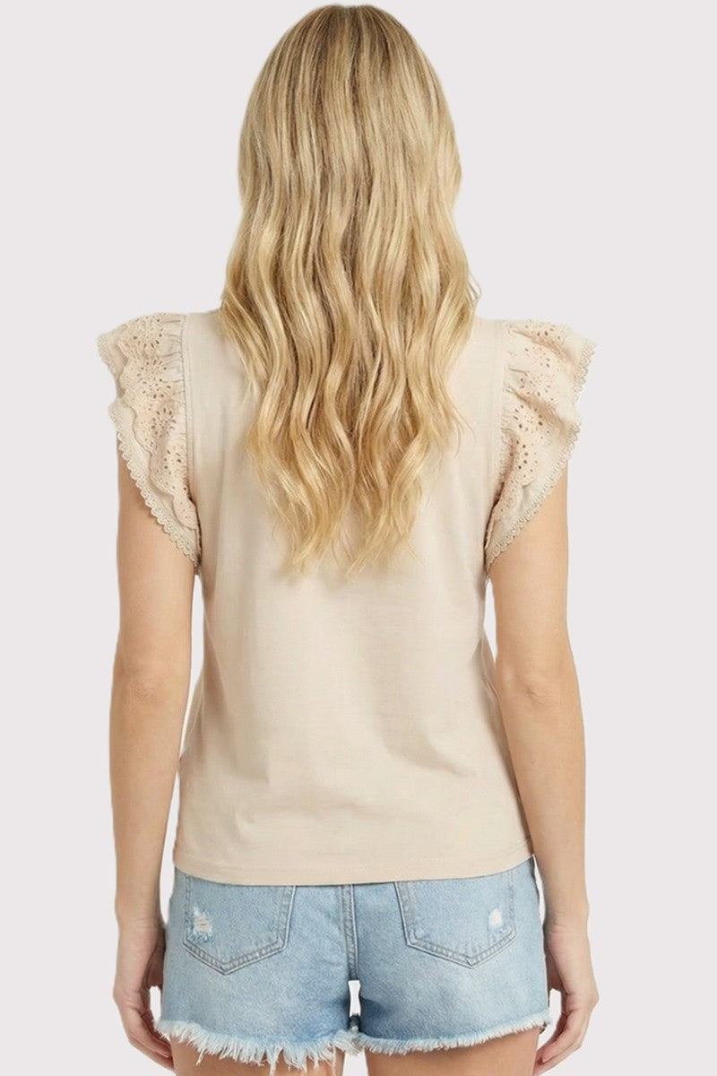 Addison scalloped eyelet laced sleeve top in cream cotton with crew neck and ruffle details