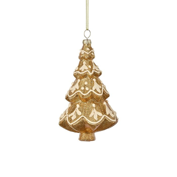 Glossy glass gingerbread cookie tree ornament with frosted icing details and candy accents.