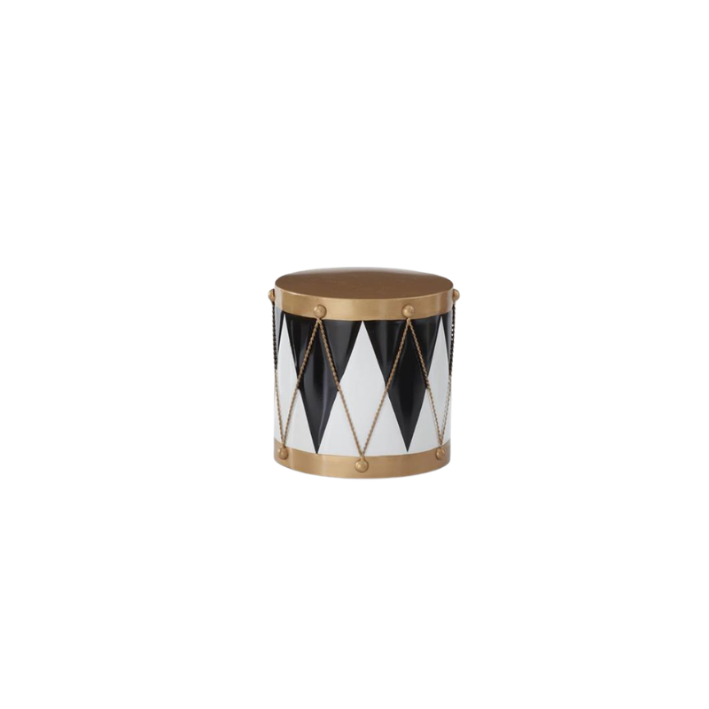 Black, white, and gold drum container with a harlequin diamond pattern and rope cord accents.