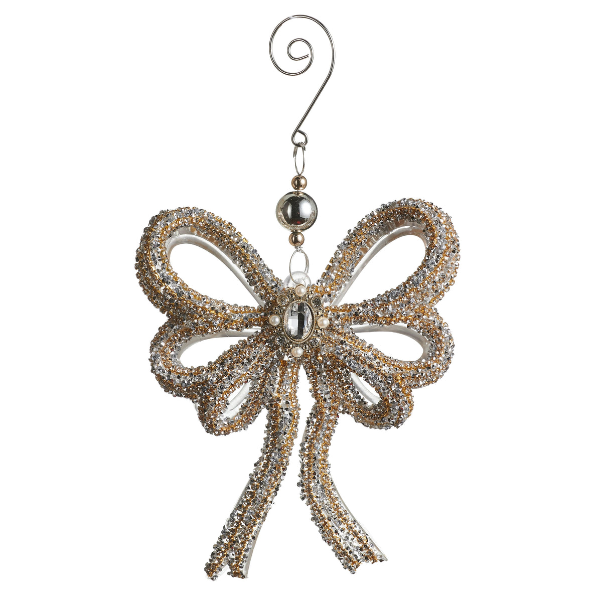 5.5-inch silver and gold rhinestone bow ornament with a central gem and hanging hook.