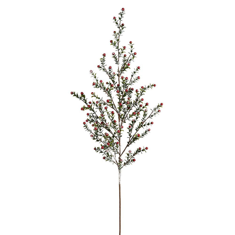 48-inch artificial red berry spray with green leaves and a light dusting of faux snow.