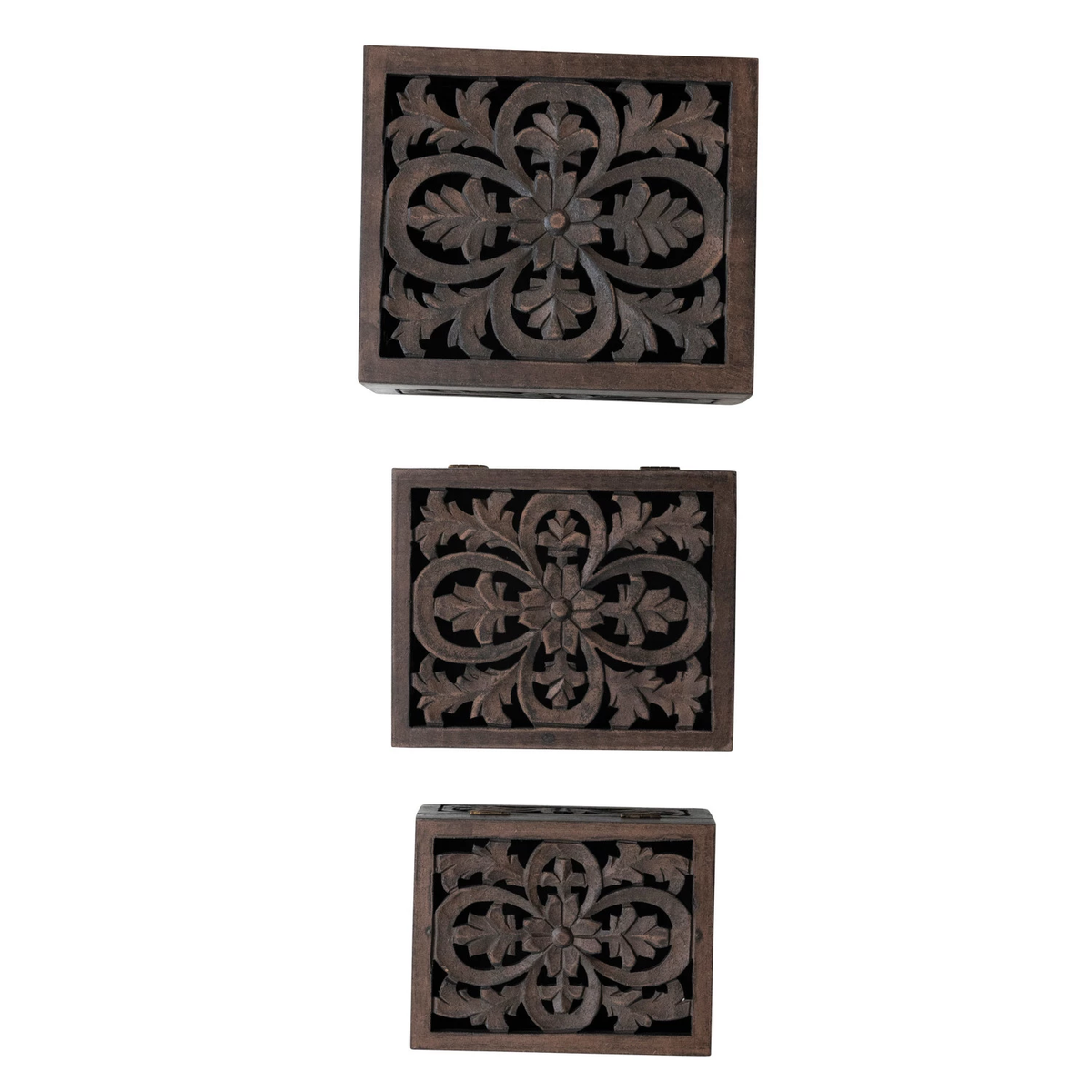 Set of three nesting boxes carved from MDF with mango wood accents in a natural finish.