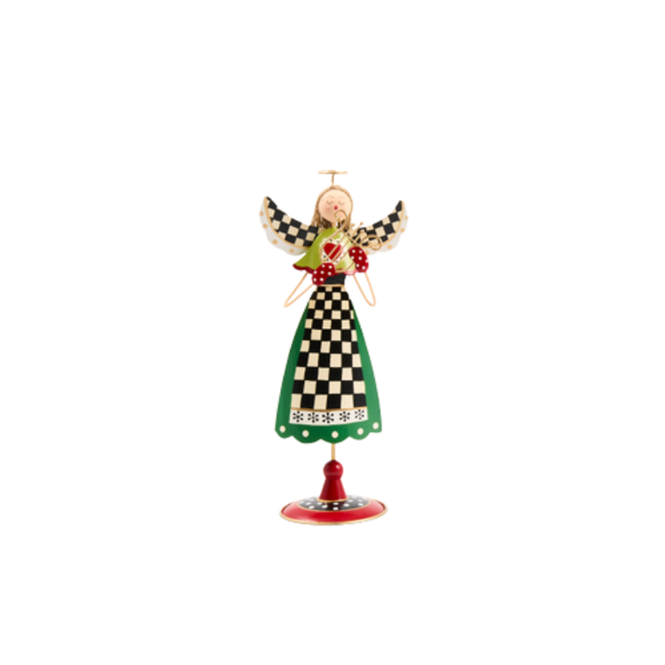 Rejoicing Tin Angel figurine with a checkered dress, green trim, and gold wings on a red stand.