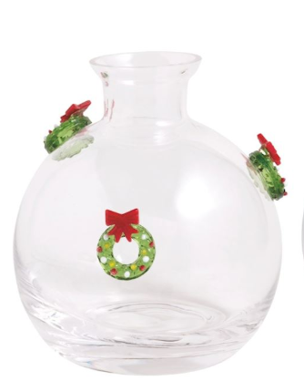 Clear glass bud vase with a Christmas tree icon etched on the front.