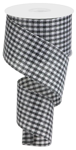 2.5-inch wide black and white gingham check ribbon on a spool.