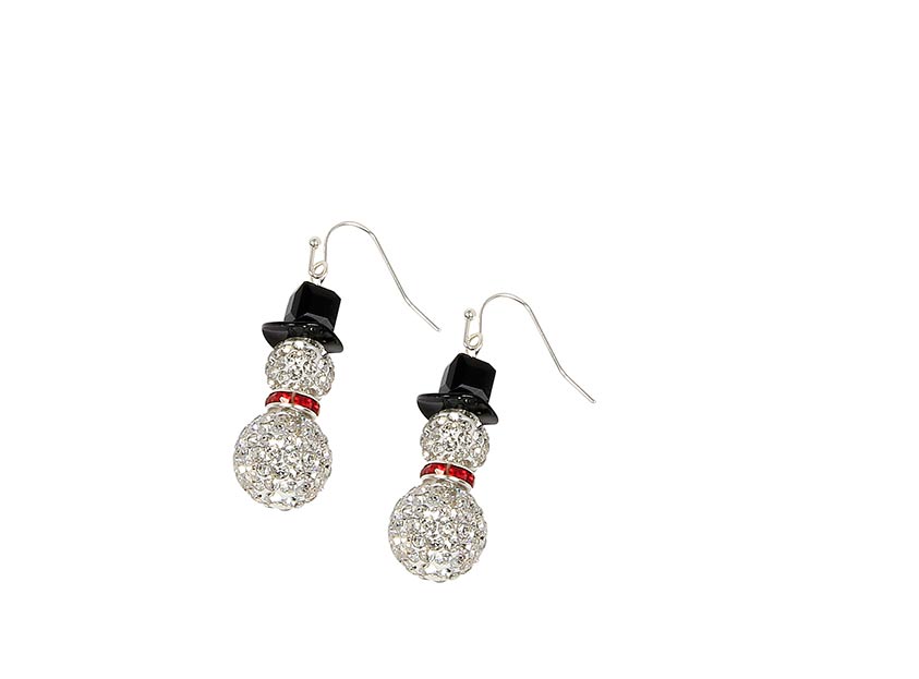 Silver stud earring featuring a rhinestone snowman with black eyes and carrot nose.