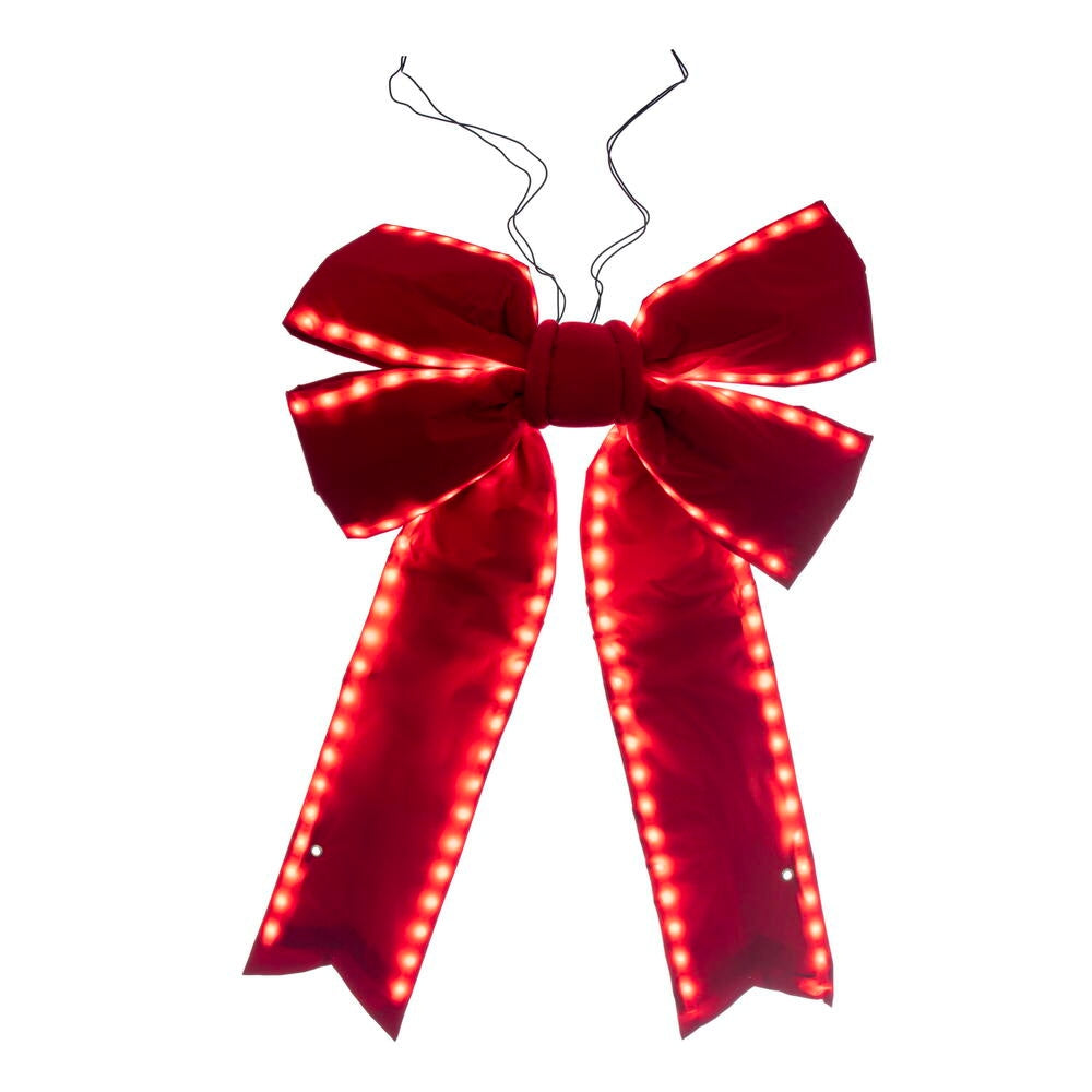 Red velvet outdoor Christmas bow with four loops and integrated LED lights