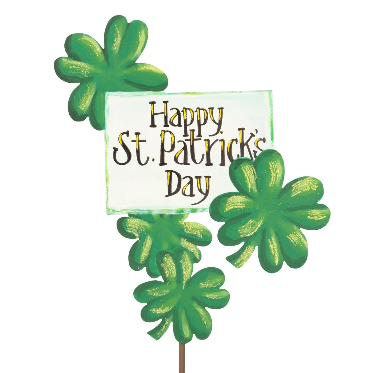 Green shamrock sign stake with white text reading Happy St Pat's