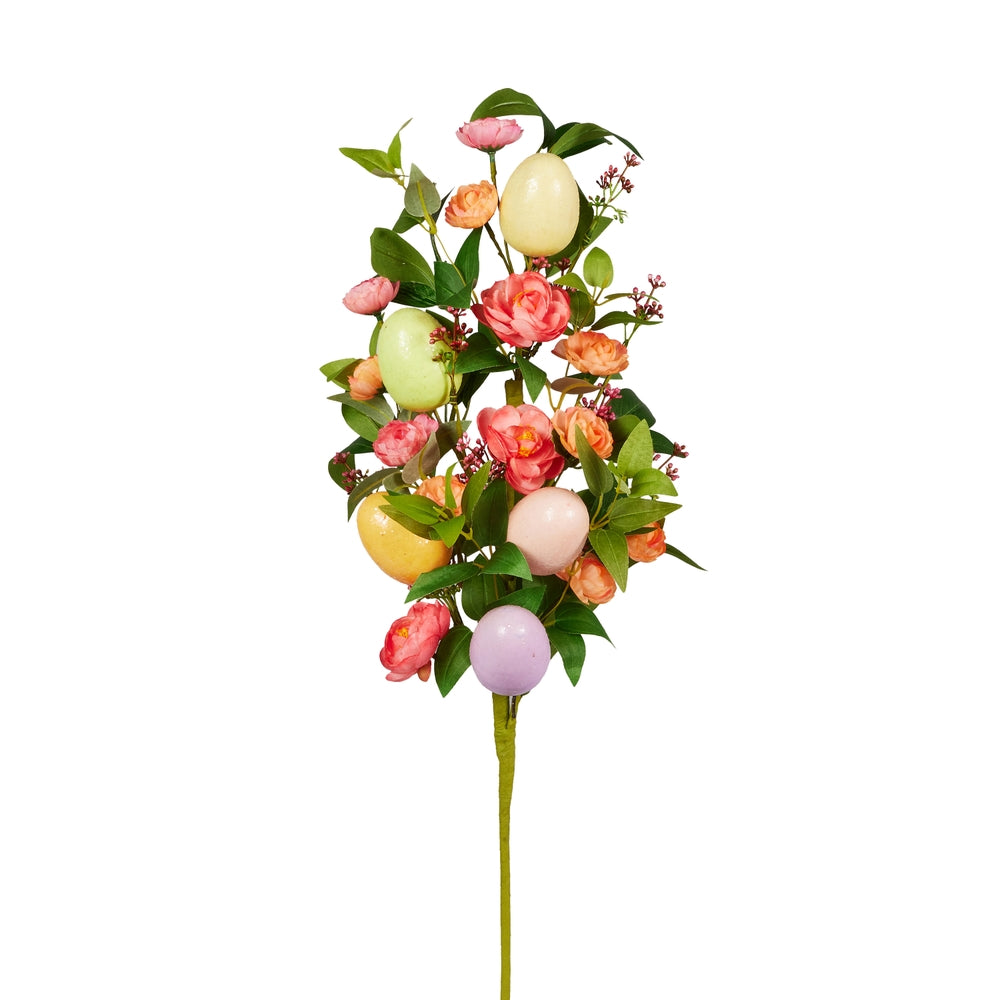 Multicolor polyester Easter egg spray garland measuring 28 inches long.