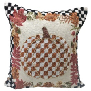 Check Pumpkin Throw Pillow with a beaded pumpkin and autumn leaf border on a cream background.