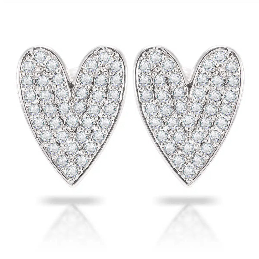 Pair of silver oblong heart-shaped stud earrings featuring a pavé setting of blue-tinted stones.