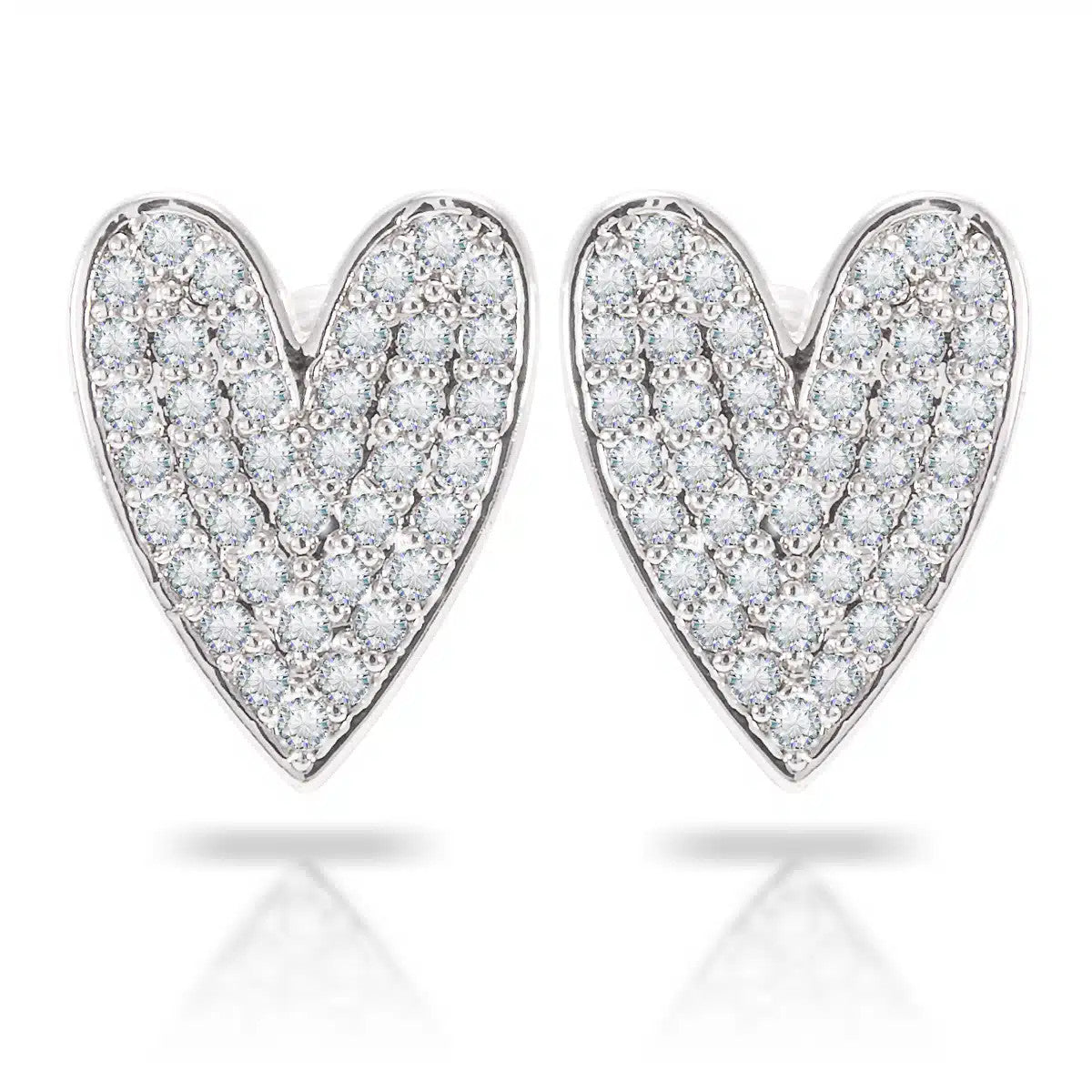 Pair of silver oblong heart-shaped stud earrings featuring a pavé setting of blue-tinted stones.