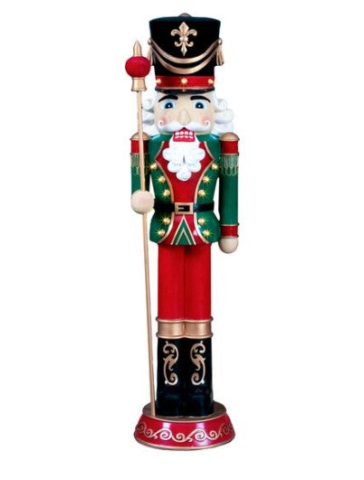 61-inch traditional nutcracker figure made of polyresin with a classic silhouette and LED lighting.