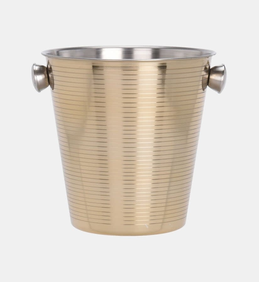 Gold-colored stainless steel champagne cooler bucket with a handle