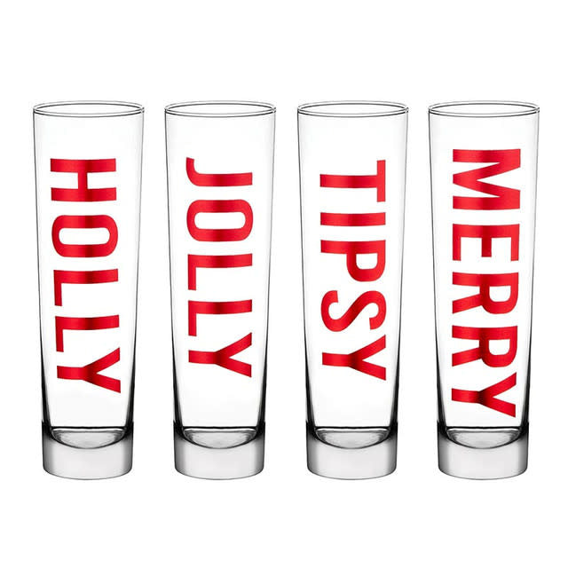 Flat champagne flute with red foil print on glass