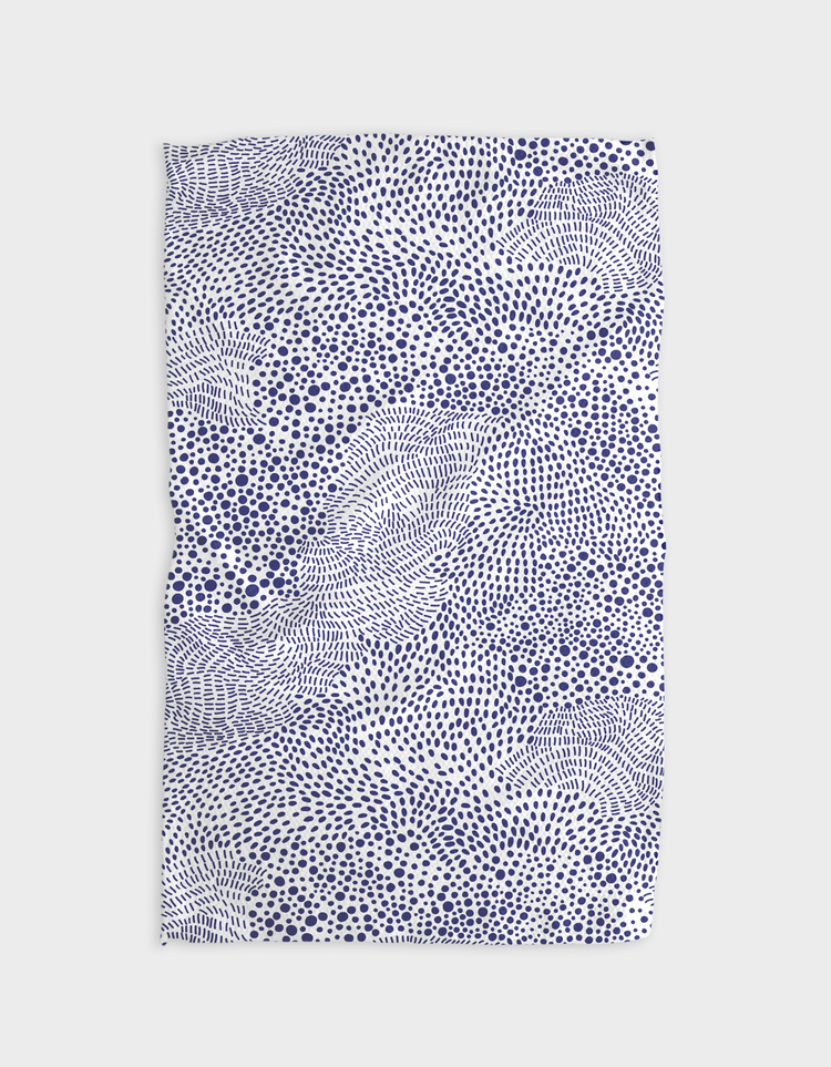Recycled polyester waffle weave kitchen tea towel with a single-sided geometric pattern print.