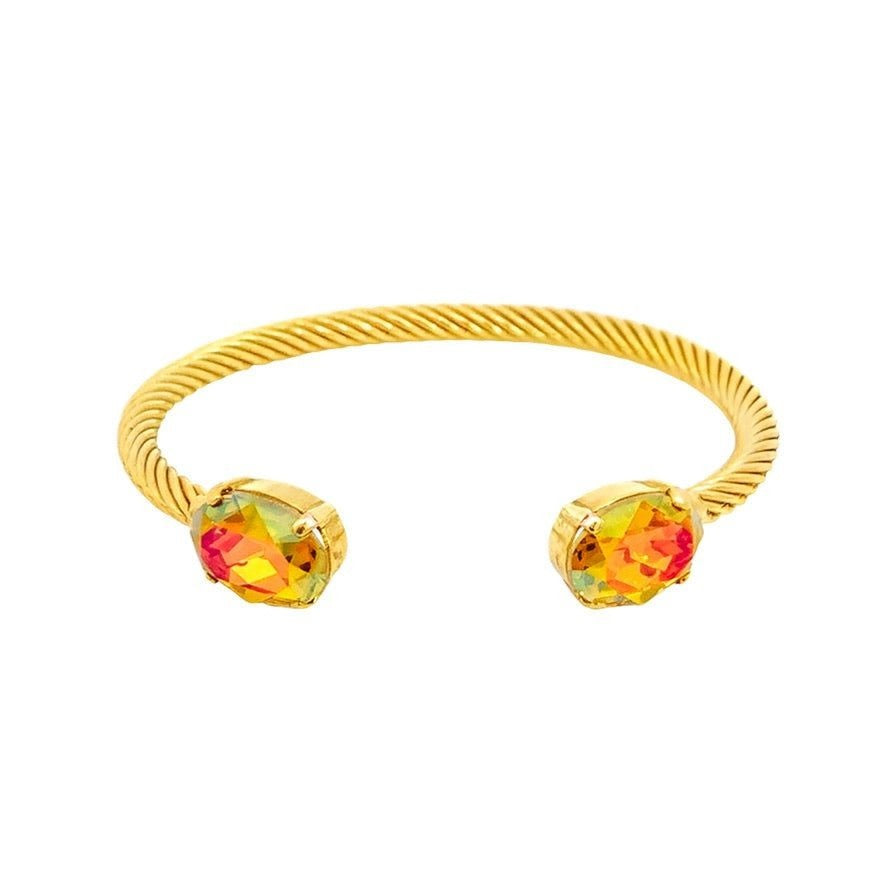 Gold plated brass oval cuff bracelet with high quality crystals in citrus lime brandy.