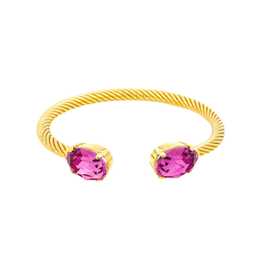 Gold plated brass oval cuff bracelet featuring high quality crystals in dark rose.