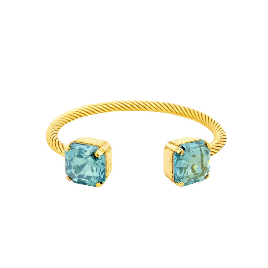 Gold plated brass square cuff bracelet featuring high quality crystals in aqua champagne color.