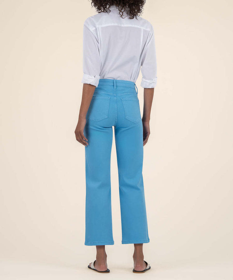Back view of Charlotte high-rise wide-leg pants in soft cotton-spandex fabric with a regular hem.