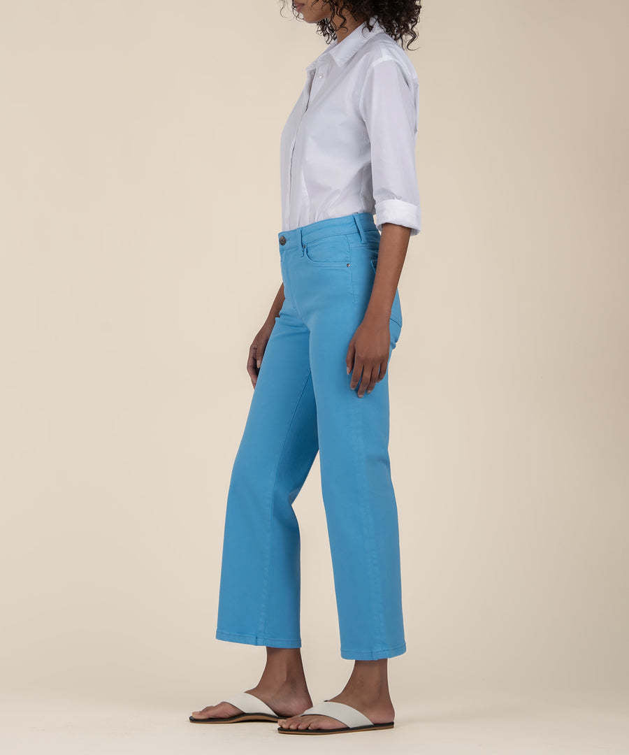 Side view of Charlotte wide-legged pants in soft cotton-spandex fabric with a regular hem.