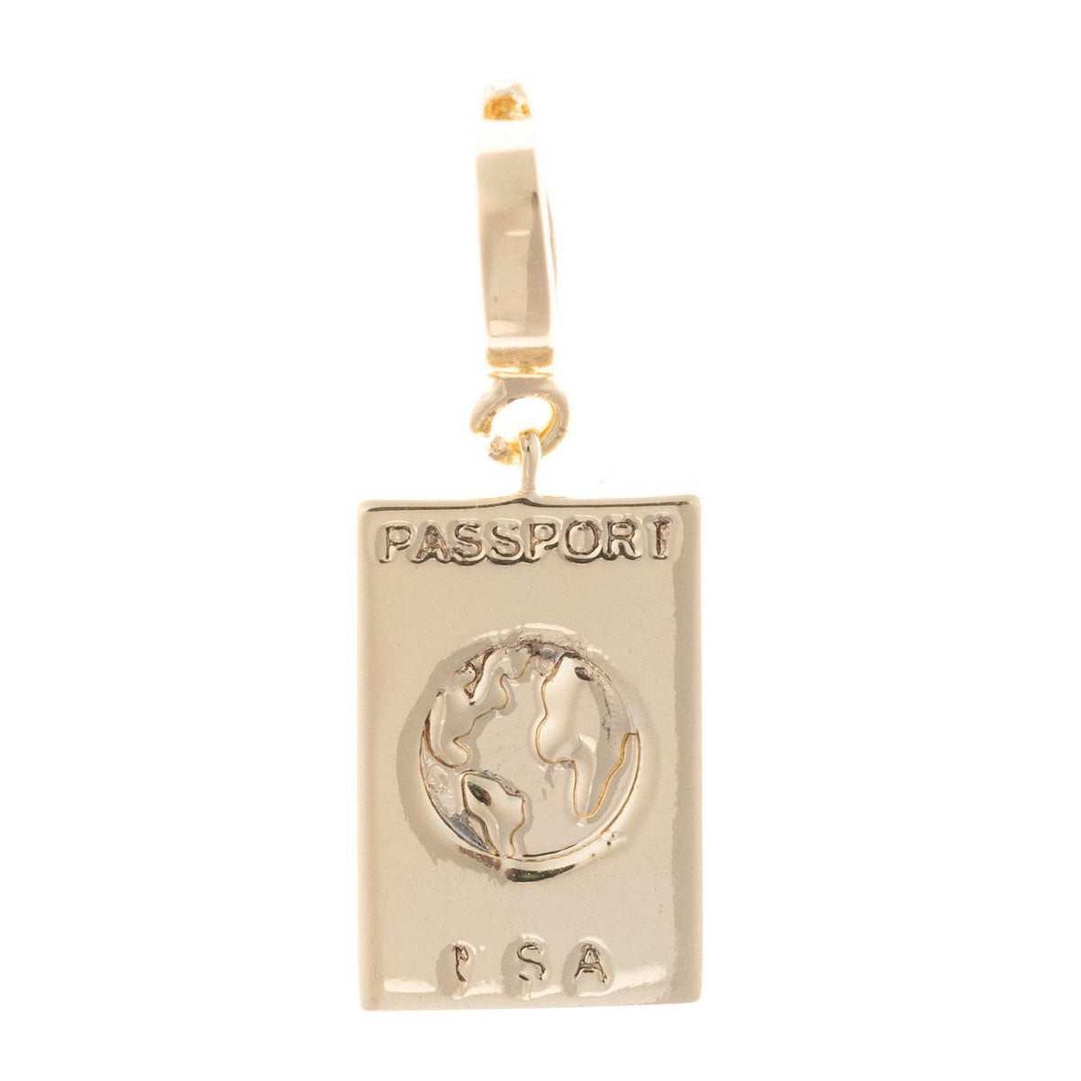 Gold-plated Adventure charm necklace featuring a passport cover design with visible travel stamps.