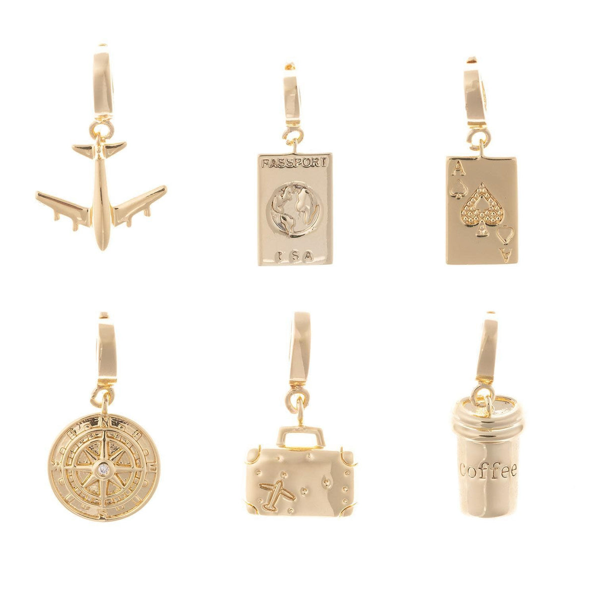 Gold-plated Adventure charm necklace detail showing a .5-inch hypoallergenic pendant.